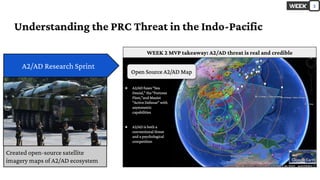 Understanding the PRC Threat in the Indo-Pacific
A2/AD Research Sprint
Created open-source satellite
imagery maps of A2/AD ecosystem
WEEK 2 MVP takeaway: A2/AD threat is real and credible
2
 
