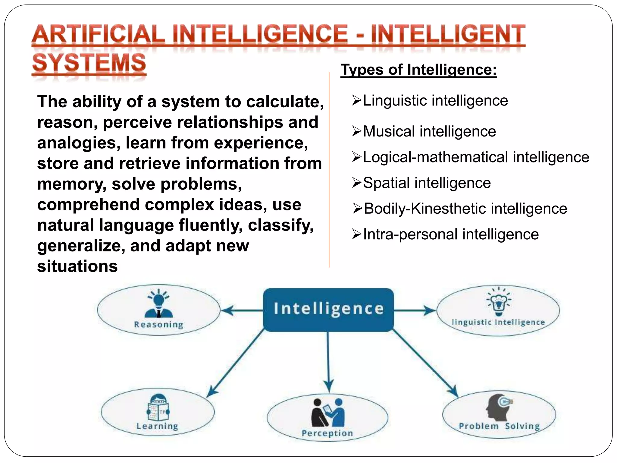 The ability of a system to calculate,
reason, perceive relationships and
analogies, learn from experience,
store and retrieve information from
memory, solve problems,
comprehend complex ideas, use
natural language fluently, classify,
generalize, and adapt new
situations
Types of Intelligence:
Linguistic intelligence
Musical intelligence
Logical-mathematical intelligence
Spatial intelligence
Bodily-Kinesthetic intelligence
Intra-personal intelligence
 