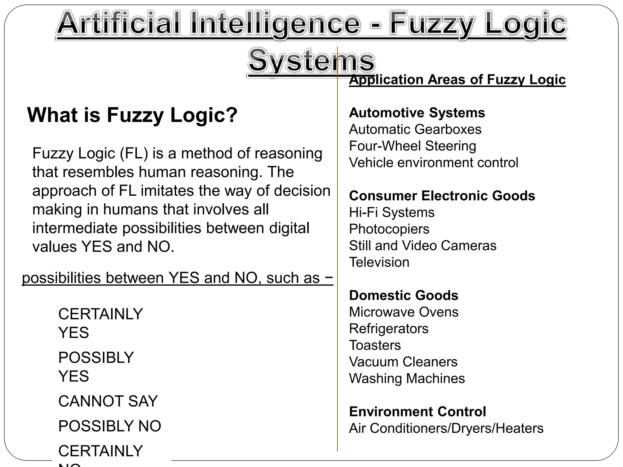 What is Fuzzy Logic?
Fuzzy Logic (FL) is a method of reasoning
that resembles human reasoning. The
approach of FL imitates the way of decision
making in humans that involves all
intermediate possibilities between digital
values YES and NO.
CERTAINLY
YES
POSSIBLY
YES
CANNOT SAY
POSSIBLY NO
CERTAINLY
possibilities between YES and NO, such as −
Application Areas of Fuzzy Logic
Automotive Systems
Automatic Gearboxes
Four-Wheel Steering
Vehicle environment control
Consumer Electronic Goods
Hi-Fi Systems
Photocopiers
Still and Video Cameras
Television
Domestic Goods
Microwave Ovens
Refrigerators
Toasters
Vacuum Cleaners
Washing Machines
Environment Control
Air Conditioners/Dryers/Heaters
 