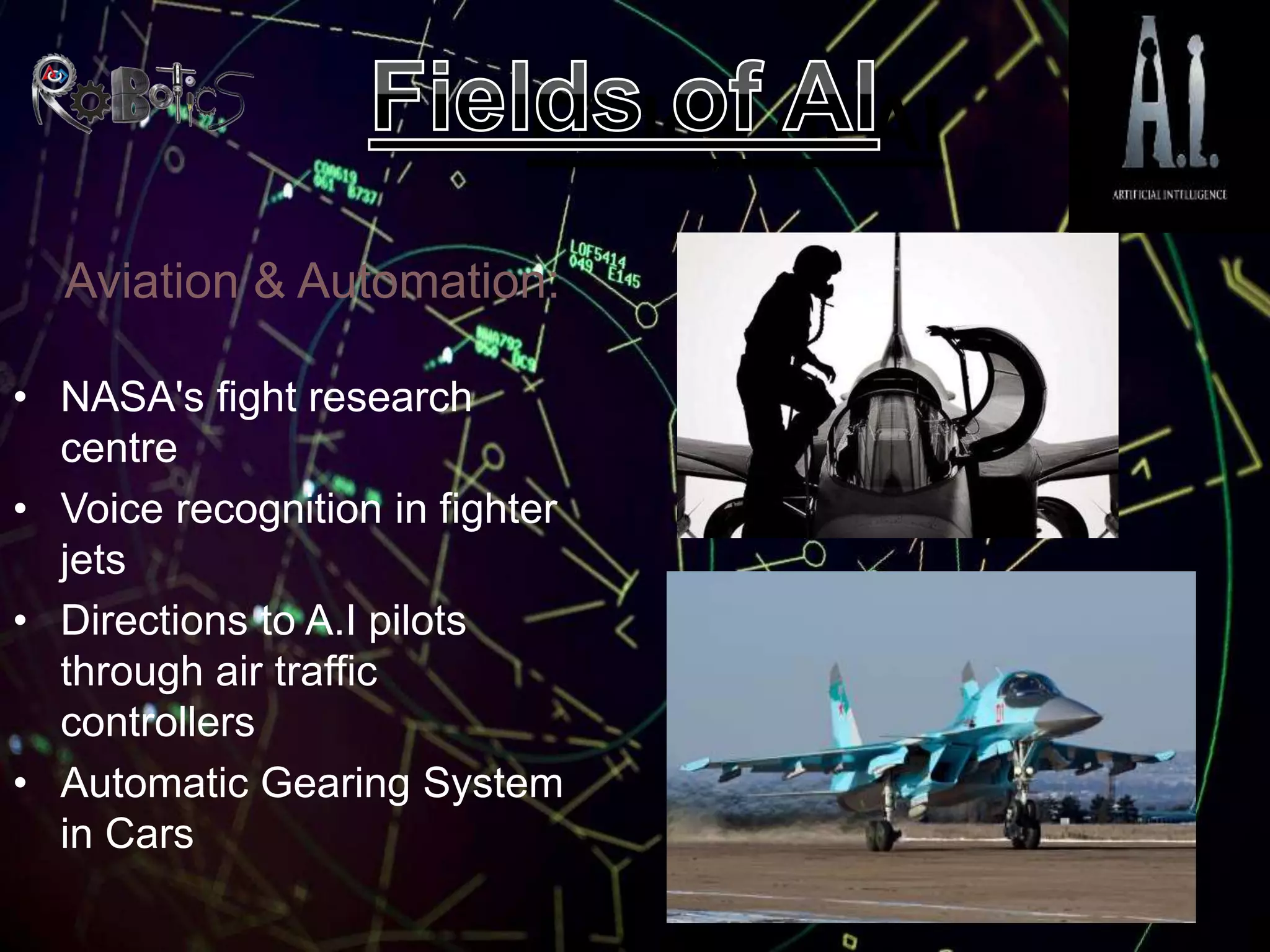 Fields of AI
Aviation & Automation:
• NASA's fight research
centre
• Voice recognition in fighter
jets
• Directions to A.I pilots
through air traffic
controllers
• Automatic Gearing System
in Cars
 