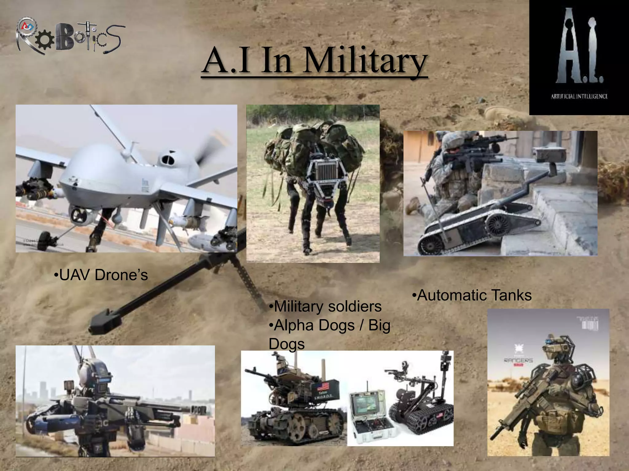 A.I In Military
•UAV Drone’s
•Military soldiers
•Alpha Dogs / Big
Dogs
•Automatic Tanks
 
