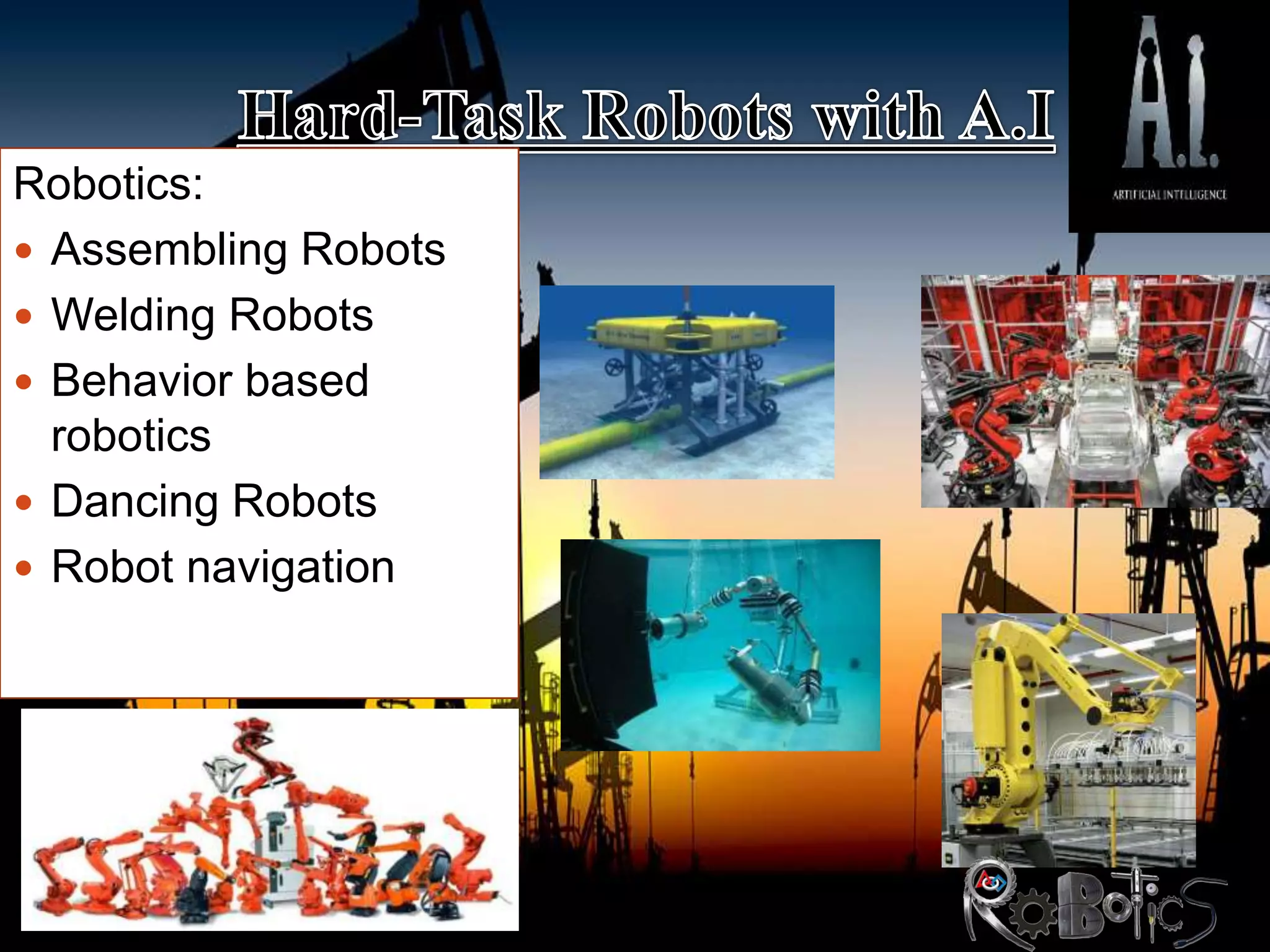 Robotics:
 Assembling Robots
 Welding Robots
 Behavior based
robotics
 Dancing Robots
 Robot navigation
 