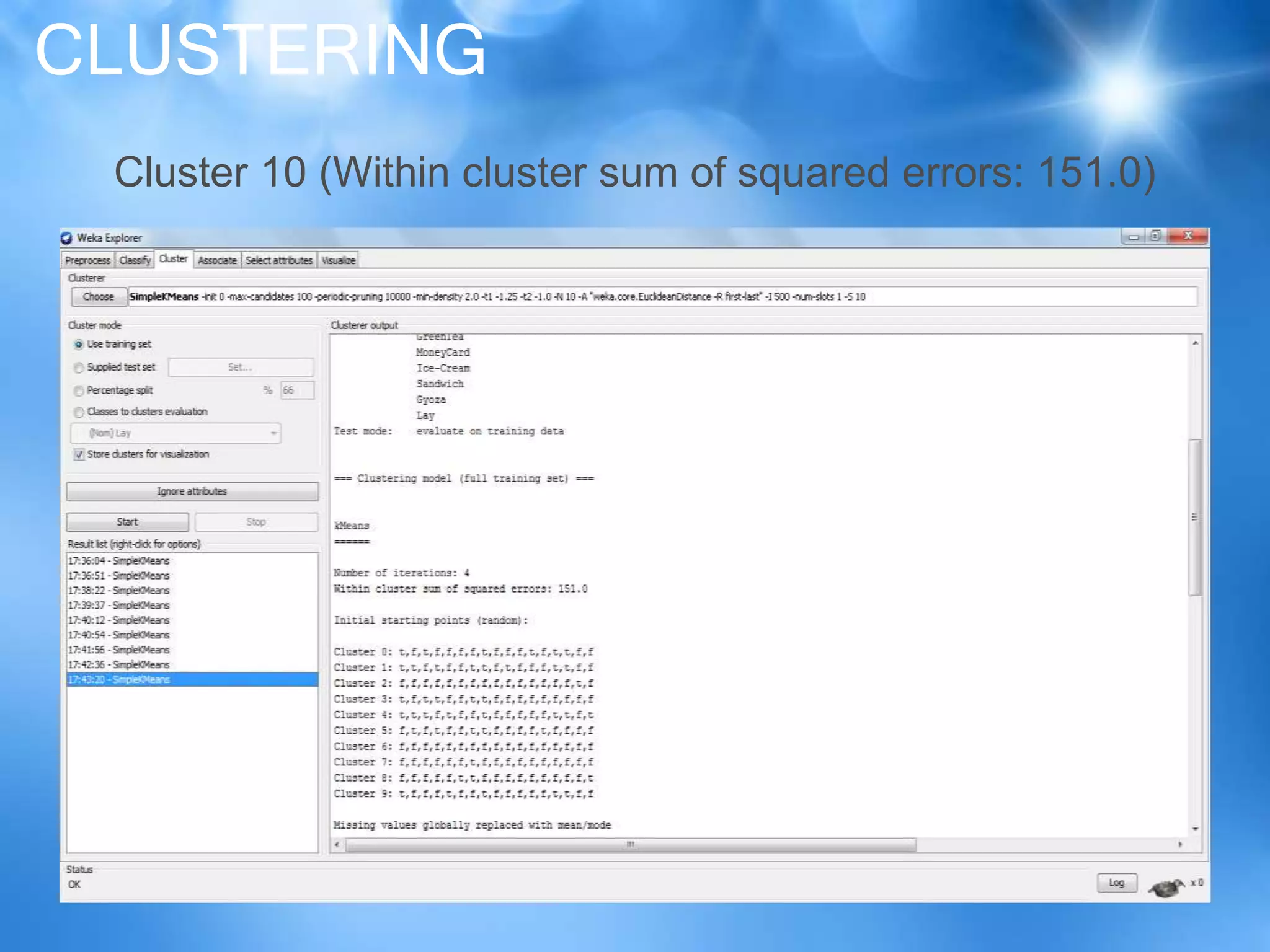 CLUSTERING
Cluster 10 (Within cluster sum of squared errors: 151.0)
 