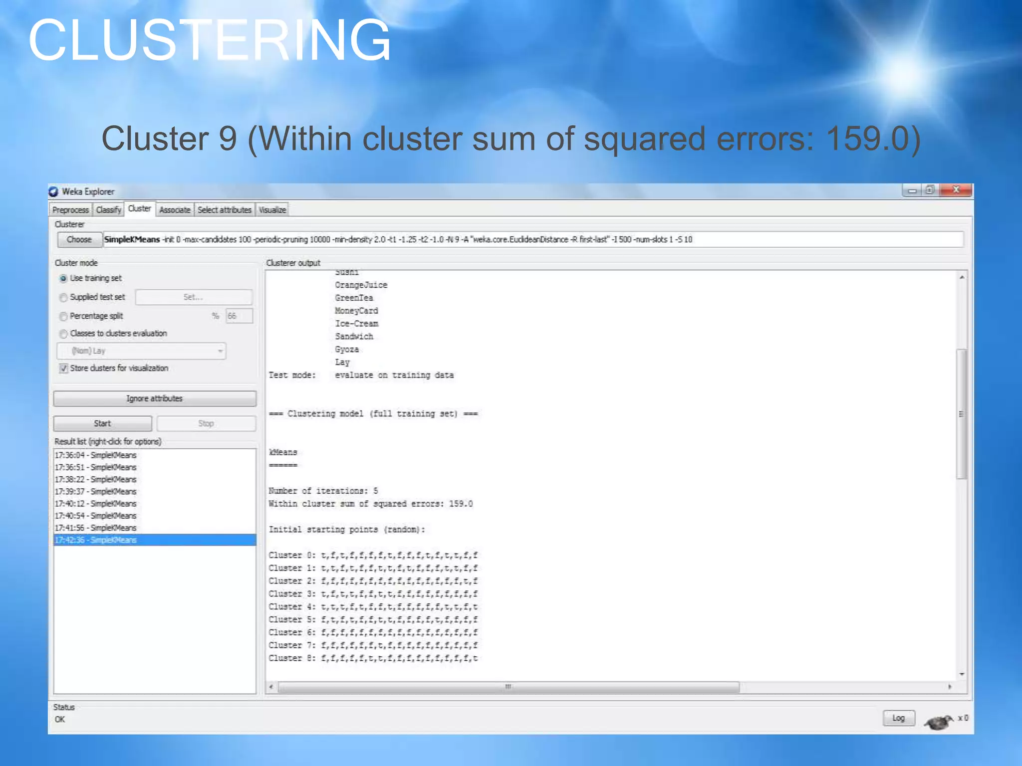 CLUSTERING
Cluster 9 (Within cluster sum of squared errors: 159.0)
 