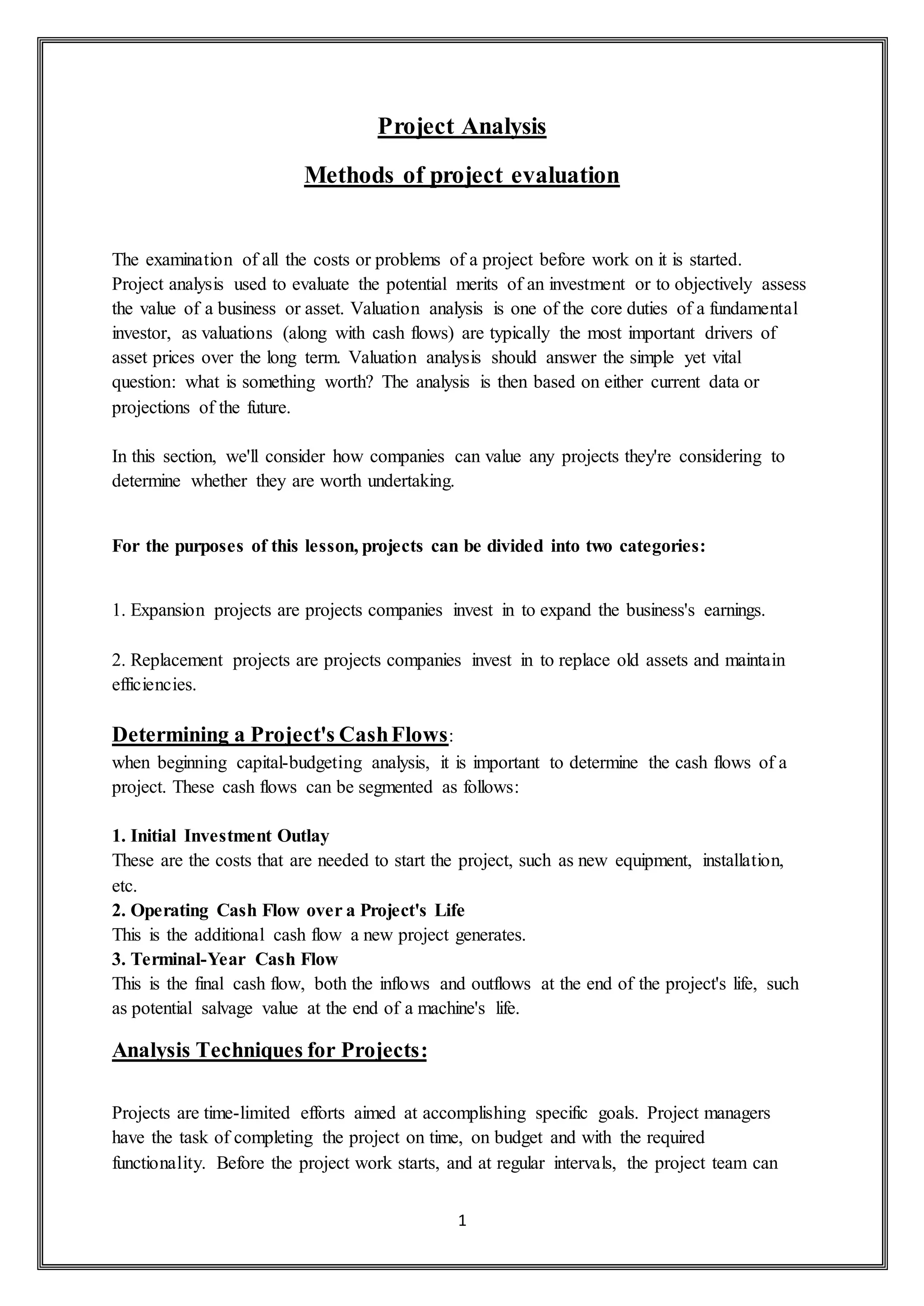 Project Analysis and Methods of project evaluation | DOCX