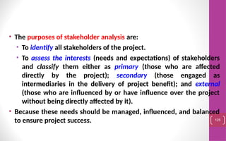 • The purposes of stakeholder analysis are:
• To identify all stakeholders of the project.
• To assess the interests (needs and expectations) of stakeholders
and classify them either as primary (those who are affected
directly by the project); secondary (those engaged as
intermediaries in the delivery of project benefit); and external
(those who are influenced by or have influence over the project
without being directly affected by it).
• Because these needs should be managed, influenced, and balanced
to ensure project success. 125
 