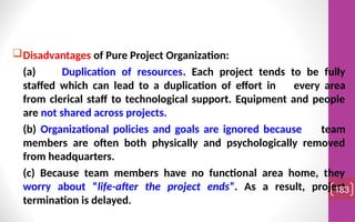 Disadvantages of Pure Project Organization:
(a) Duplication of resources. Each project tends to be fully
staffed which can lead to a duplication of effort in every area
from clerical staff to technological support. Equipment and people
are not shared across projects.
(b) Organizational policies and goals are ignored because team
members are often both physically and psychologically removed
from headquarters.
(c) Because team members have no functional area home, they
worry about “life-after the project ends”. As a result, project
termination is delayed.
183
 