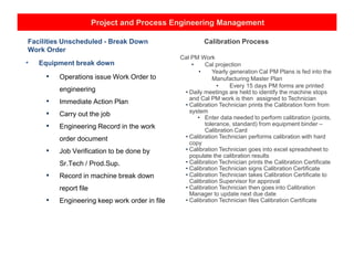 Project and Process Engineering Management
Facilities Unscheduled - Break Down
Work Order
• Equipment break down
• Operations issue Work Order to
engineering
• Immediate Action Plan
• Carry out the job
• Engineering Record in the work
order document
• Job Verification to be done by
Sr.Tech / Prod.Sup.
• Record in machine break down
report file
• Engineering keep work order in file
Calibration Process
Cal PM Work
• Cal projection
• Yearly generation Cal PM Plans is fed into the
Manufacturing Master Plan
• Every 15 days PM forms are printed
• Daily meetings are held to identify the machine stops
and Cal PM work is then assigned to Technician
• Calibration Technician prints the Calibration form from
system
• Enter data needed to perform calibration (points,
tolerance, standard) from equipment binder –
Calibration Card
• Calibration Technician performs calibration with hard
copy
• Calibration Technician goes into excel spreadsheet to
populate the calibration results
• Calibration Technician prints the Calibration Certificate
• Calibration Technician signs Calibration Certificate
• Calibration Technician takes Calibration Certificate to
Calibration Supervisor for approval
• Calibration Technician then goes into Calibration
Manager to update next due date
• Calibration Technician files Calibration Certificate
 