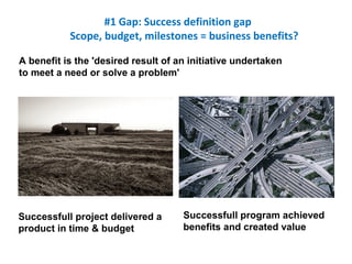 #1 Gap: Success definition gap
Scope, budget, milestones = business benefits?
Successfull project delivered a
product in time & budget
Successfull program achieved
benefits and created value
A benefit is the 'desired result of an initiative undertaken
to meet a need or solve a problem'
 