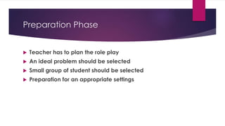 Preparation Phase
 Teacher has to plan the role play
 An ideal problem should be selected
 Small group of student should be selected
 Preparation for an appropriate settings
 