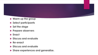  Warm up the group
 Select participants
 Set the stage
 Prepare observers
 Enact
 Discuss and evaluate
 Re-enact
 Discuss and evaluate
 Share experiences and generalize.
 