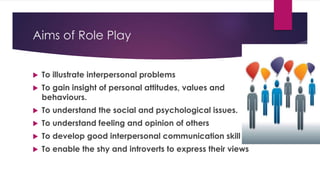Aims of Role Play
 To illustrate interpersonal problems
 To gain insight of personal attitudes, values and
behaviours.
 To understand the social and psychological issues.
 To understand feeling and opinion of others
 To develop good interpersonal communication skill
 To enable the shy and introverts to express their views
 