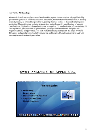 How? : The Methodology:

Most vertical analyses merely focus on benchmarking against domestic ratios, often published by
government agencies or commercial sources. In contrast, the report calculates thousands of industry
norms by looking at firms at the global level, pooling statistics on tens of thousands of companies
across over 40 countries, and applying a seven-stage methodology: (1) identification of industry
classifications, (2) firm-level data collection and aggregation, (3) standardization of raw statistics, (4)
filtering outliers, (5) calculation of global norms, (6) projection of deviations and gaps, and (7)
projection of ranks and percentiles. For each part of the financial statement, the larger structural
differences and gaps between Apple Computer Inc. and the global benchmarks are provided with
summary tables of ranks and percentiles.




               SW O T ANALY S I S                       OF AP P L E C O..




                                                                                                        24
 