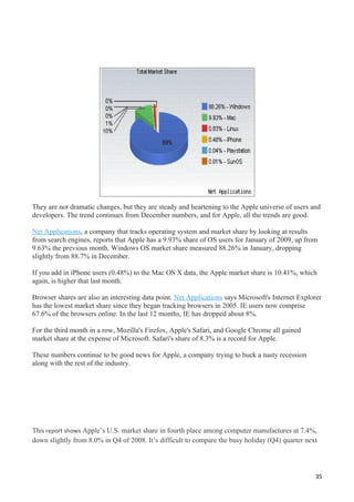 They are not dramatic changes, but they are steady and heartening to the Apple universe of users and
developers. The trend continues from December numbers, and for Apple, all the trends are good.

Net Applications, a company that tracks operating system and market share by looking at results
from search engines, reports that Apple has a 9.93% share of OS users for January of 2009, up from
9.63% the previous month. Windows OS market share measured 88.26% in January, dropping
slightly from 88.7% in December.

If you add in iPhone users (0.48%) to the Mac OS X data, the Apple market share is 10.41%, which
again, is higher that last month.

Browser shares are also an interesting data point. Net Applications says Microsoft's Internet Explorer
has the lowest market share since they began tracking browsers in 2005. IE users now comprise
67.6% of the browsers online. In the last 12 months, IE has dropped about 8%.

For the third month in a row, Mozilla's Firefox, Apple's Safari, and Google Chrome all gained
market share at the expense of Microsoft. Safari's share of 8.3% is a record for Apple.

These numbers continue to be good news for Apple, a company trying to buck a nasty recession
along with the rest of the industry.




This report shows Apple’s U.S. market share in fourth place among computer manufactures at 7.4%,
down slightly from 8.0% in Q4 of 2008. It’s difficult to compare the busy holiday (Q4) quarter next




                                                                                                   35
 