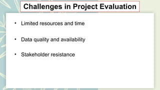 Challenges in Project Evaluation
• Limited resources and time
• Data quality and availability
• Stakeholder resistance
 
