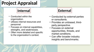 • Conducted within the
organization.
• Utilizes internal resources and
personnel.
• Focuses on internal capabilities,
strengths, and weaknesses.
• Often more detailed and specific
to the organization's context.
• Conducted by external parties
or consultants.
• Provides an unbiased, third-
party perspective.
• Focuses on external
opportunities, threats, and
market conditions.
• Can offer broader industry
insights and benchmarks.
Internal External
Project Appraisal
 