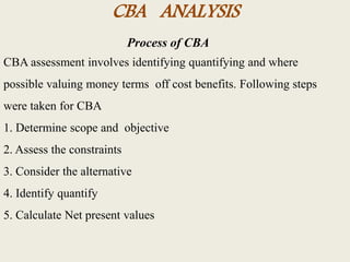CBA ANALYSIS
Process of CBA
CBA assessment involves identifying quantifying and where
possible valuing money terms off cost benefits. Following steps
were taken for CBA
1. Determine scope and objective
2. Assess the constraints
3. Consider the alternative
4. Identify quantify
5. Calculate Net present values
 