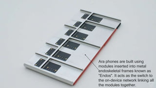 Ara phones are built using
modules inserted into metal
endoskeletal frames known as
“Endos". It acts as the switch to
the on-device network linking all
the modules together.
 