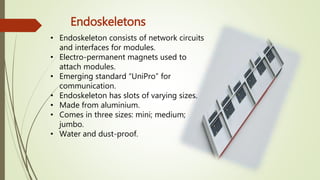 Endoskeletons
• Endoskeleton consists of network circuits
and interfaces for modules.
• Electro-permanent magnets used to
attach modules.
• Emerging standard “UniPro” for
communication.
• Endoskeleton has slots of varying sizes.
• Made from aluminium.
• Comes in three sizes: mini; medium;
jumbo.
• Water and dust-proof.
 