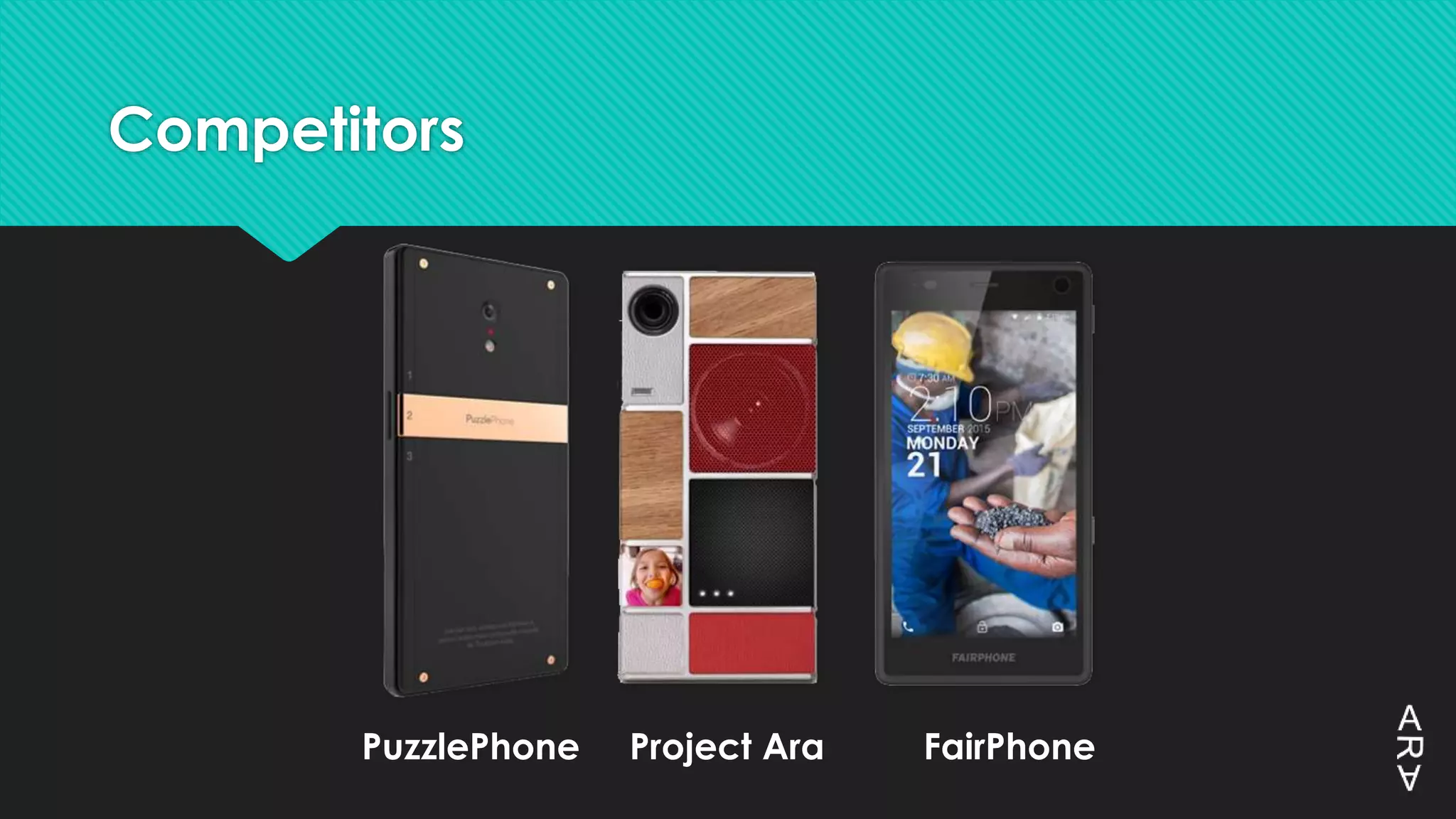 Competitors
PuzzlePhone Project Ara FairPhone
 