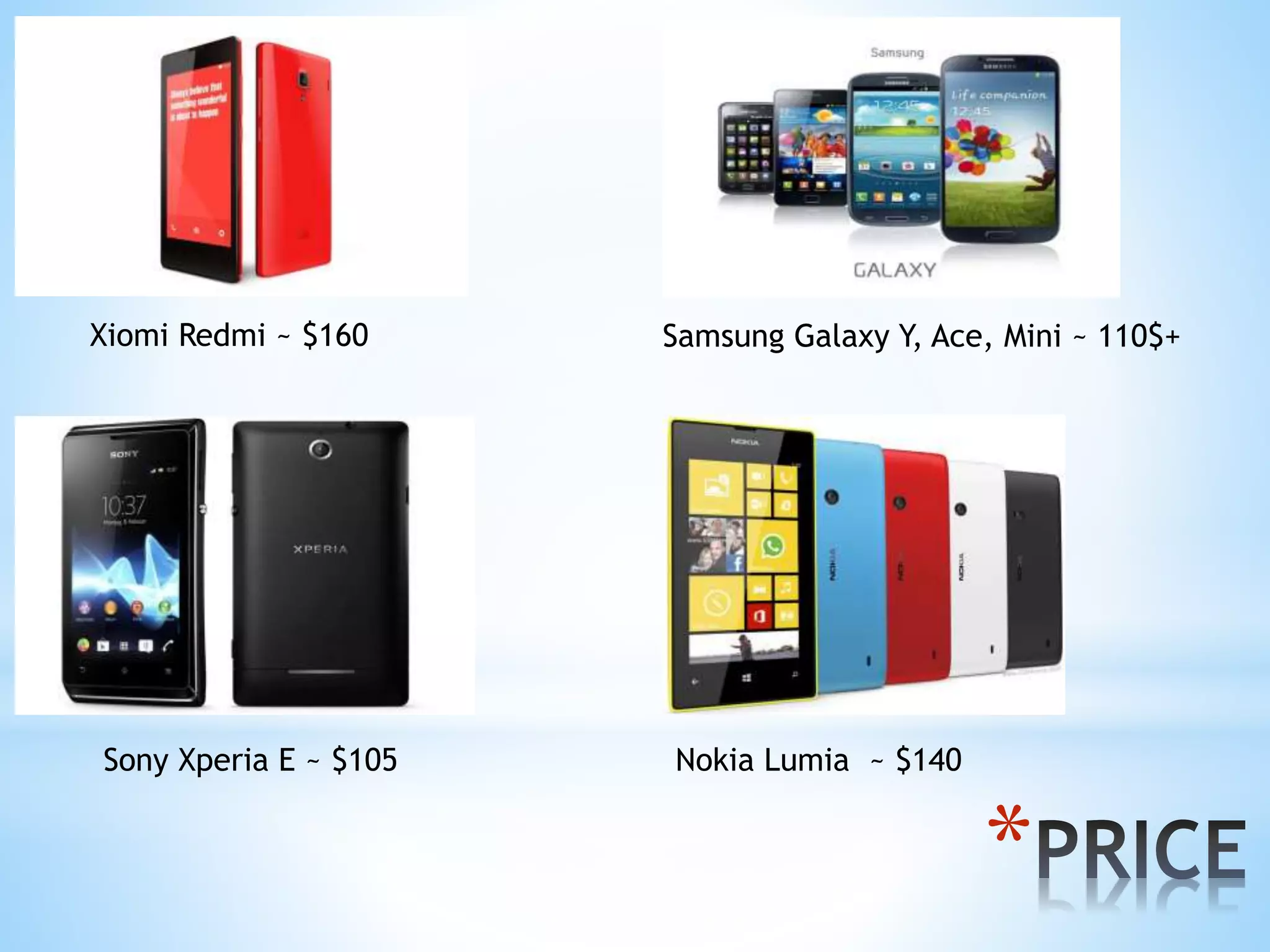 *
Xiomi Redmi ~ $160 Samsung Galaxy Y, Ace, Mini ~ 110$+
Sony Xperia E ~ $105 Nokia Lumia ~ $140
 