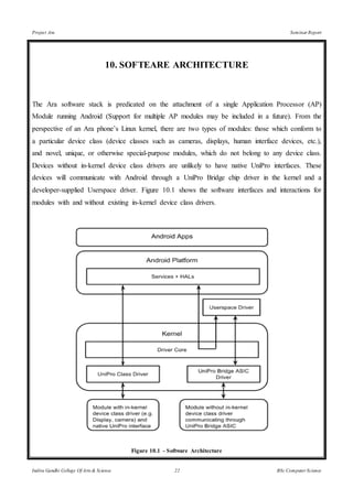 Project Ara Seminar Report
Indira Gandhi College Of Arts & Science 22 BSc Computer Science
10. SOFTEARE ARCHITECTURE
The Ara software stack is predicated on the attachment of a single Application Processor (AP)
Module running Android (Support for multiple AP modules may be included in a future). From the
perspective of an Ara phone’s Linux kernel, there are two types of modules: those which conform to
a particular device class (device classes such as cameras, displays, human interface devices, etc.),
and novel, unique, or otherwise special-purpose modules, which do not belong to any device class.
Devices without in-kernel device class drivers are unlikely to have native UniPro interfaces. These
devices will communicate with Android through a UniPro Bridge chip driver in the kernel and a
developer-supplied Userspace driver. Figure 10.1 shows the software interfaces and interactions for
modules with and without existing in-kernel device class drivers.
Figure 10.1 - Software Architecture
 