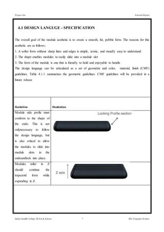 Project Ara Seminar Report
Indira Gandhi College Of Arts & Science 7 BSc Computer Science
4.1 DESIGN LANGUGE - SPECIFICATION
The overall goal of the module aesthetic is to create a smooth, fat, pebble form. The reasons for this
aesthetic are as follows:
1. A softer form without sharp lines and edges is simple, iconic, and visually easy to understand
2. The shape enables modules to easily slide into a module slot
3. The form of the module is one that is friendly to hold and enjoyable to handle
The design language can be articulated as a set of geometric and color, material, finish (CMF)
guidelines. Table 4.1.1 summarizes the geometric guidelines. CMF guidelines will be provided in a
future release
Guideline Illustration
Module side profle must
conform to the shape of
the endo. This is not
onlynecessary to follow
the design language, but
is also critical to allow
the modules to slide into
module slots in the
endoandlock into place.
Modules taller in Z
should continue the
trapezoid form while
expanding in Z.
 