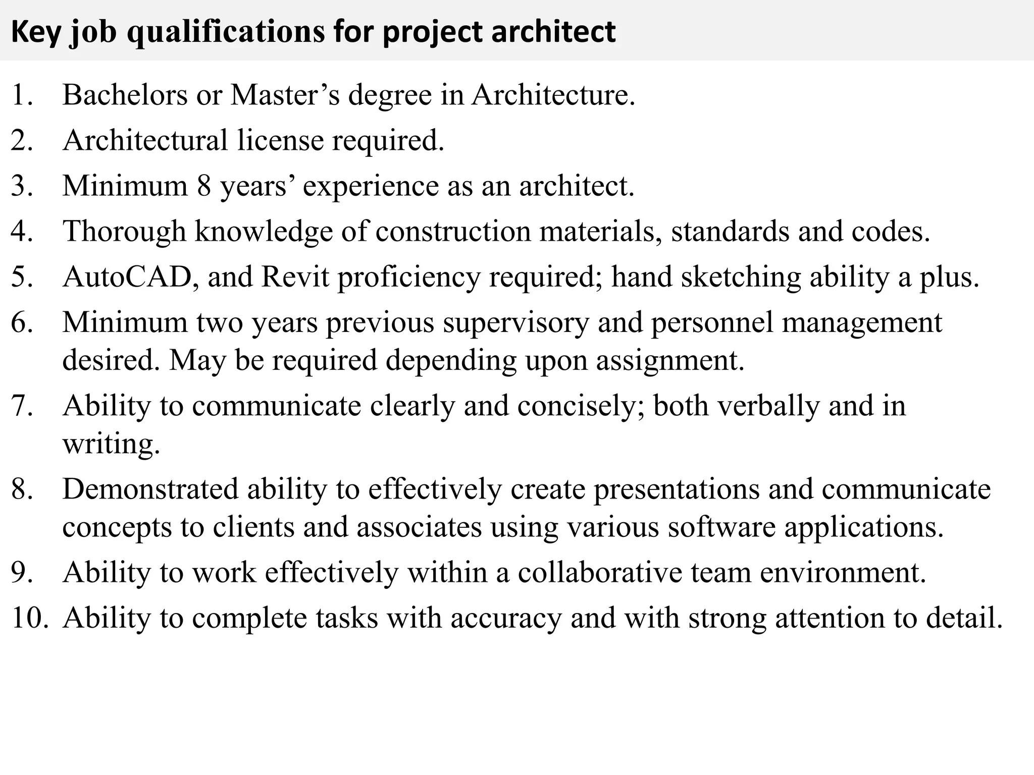 Key job qualifications for project architect 
1. Bachelors or Master’s degree in Architecture. 
2. Architectural license required. 
3. Minimum 8 years’ experience as an architect. 
4. Thorough knowledge of construction materials, standards and codes. 
5. AutoCAD, and Revit proficiency required; hand sketching ability a plus. 
6. Minimum two years previous supervisory and personnel management 
desired. May be required depending upon assignment. 
7. Ability to communicate clearly and concisely; both verbally and in 
writing. 
8. Demonstrated ability to effectively create presentations and communicate 
concepts to clients and associates using various software applications. 
9. Ability to work effectively within a collaborative team environment. 
10. Ability to complete tasks with accuracy and with strong attention to detail. 
 