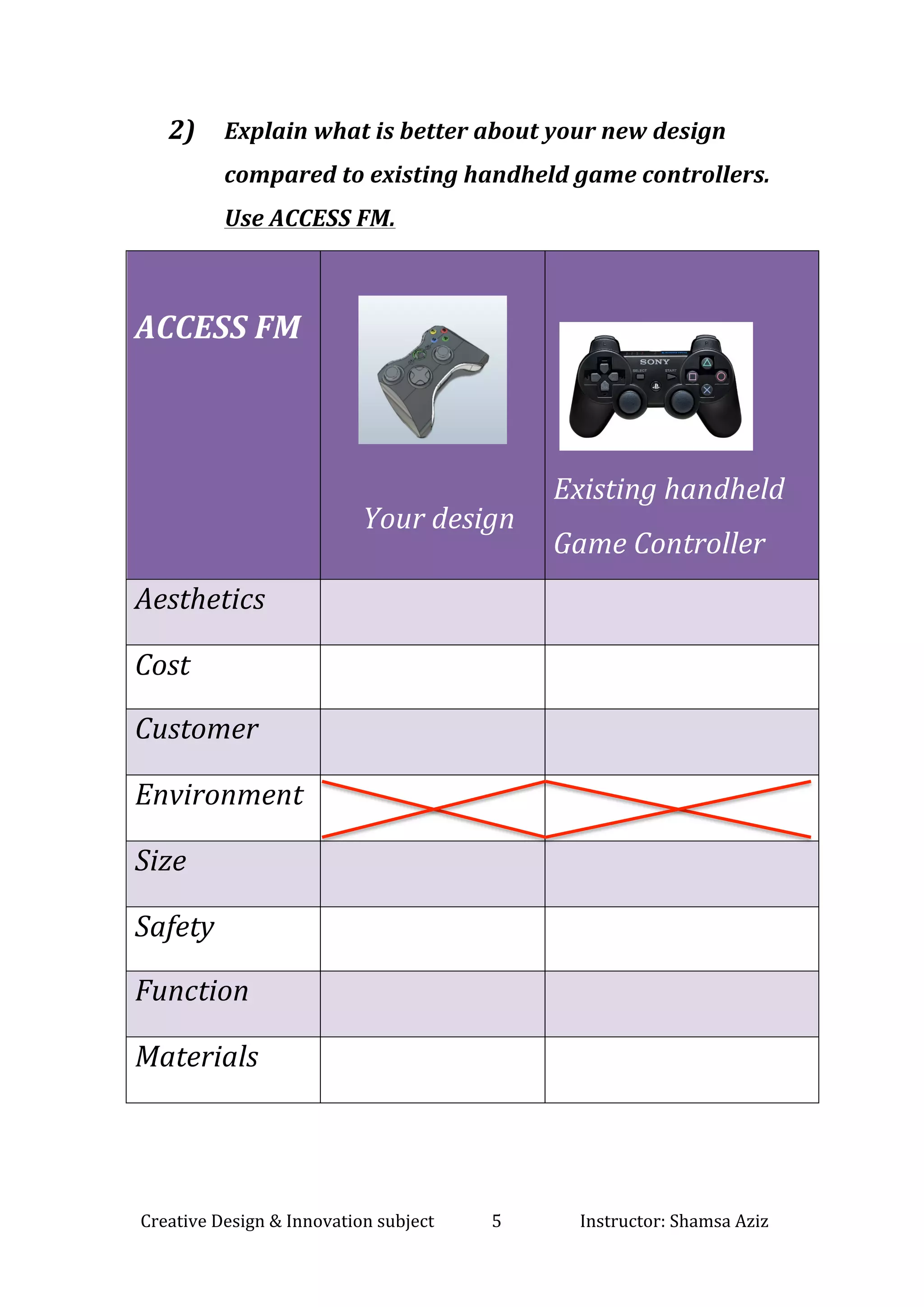 Creative	Design	&	Innovation	subject														5																			Instructor:	Shamsa	Aziz		
	
2) Explain	what	is	better	about	your	new	design	
compared	to	existing	handheld	game	controllers.		
Use	ACCESS	FM.	
	
	
	
ACCESS	FM	
	
				
					Your	design	
	
	
	
	
	
Existing	handheld	
Game	Controller	
Aesthetics		 	 	
Cost	 	 	
Customer	 	 	
Environment	 	 	
Size	 	 	
Safety	 	 	
Function	 	 	
Materials	 	 	
 