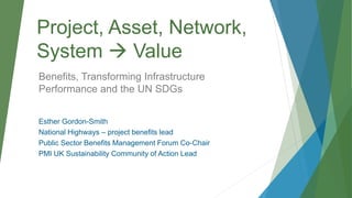 Project, Asset, Network,
System  Value
Benefits, Transforming Infrastructure
Performance and the UN SDGs
Esther Gordon-Smith
National Highways – project benefits lead
Public Sector Benefits Management Forum Co-Chair
PMI UK Sustainability Community of Action Lead
 