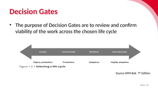 Decision Gates
Slide 19
• The purpose of Decision Gates are to review and confirm
viab­
il­
ity of the work across the chosen life cycle
Source APM Bok 7th
Edition
 