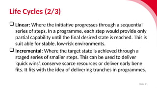 Life Cycles (2/3)
Slide 21
 Linear: Where the initi­
at­i
ve progresses through a sequen­
tial
series of steps. In a programme, each step would provide only
partial capab­
il­
ity until the final desired state is reached. This is
suit­able for stable, low-risk envir­
on­
ments.
 Incremental: Where the target state is achieved through a
staged series of smaller steps. This can be used to deliver
‘quick wins’, conserve scarce resources or deliver early bene­
fits. It fits with the idea of deliv­
er­
ing tranches in programmes.
 