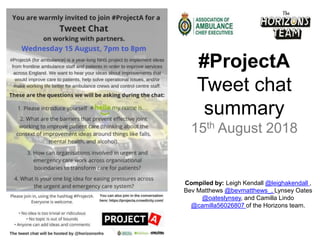 Compiled by: Leigh Kendall @leighakendall ,
Bev Matthews @bevmatthews_, Lynsey Oates
@oateslynsey, and Camilla Lindo
@camilla56026807 of the Horizons team.
#ProjectA
Tweet chat
summary
15th August 2018
 