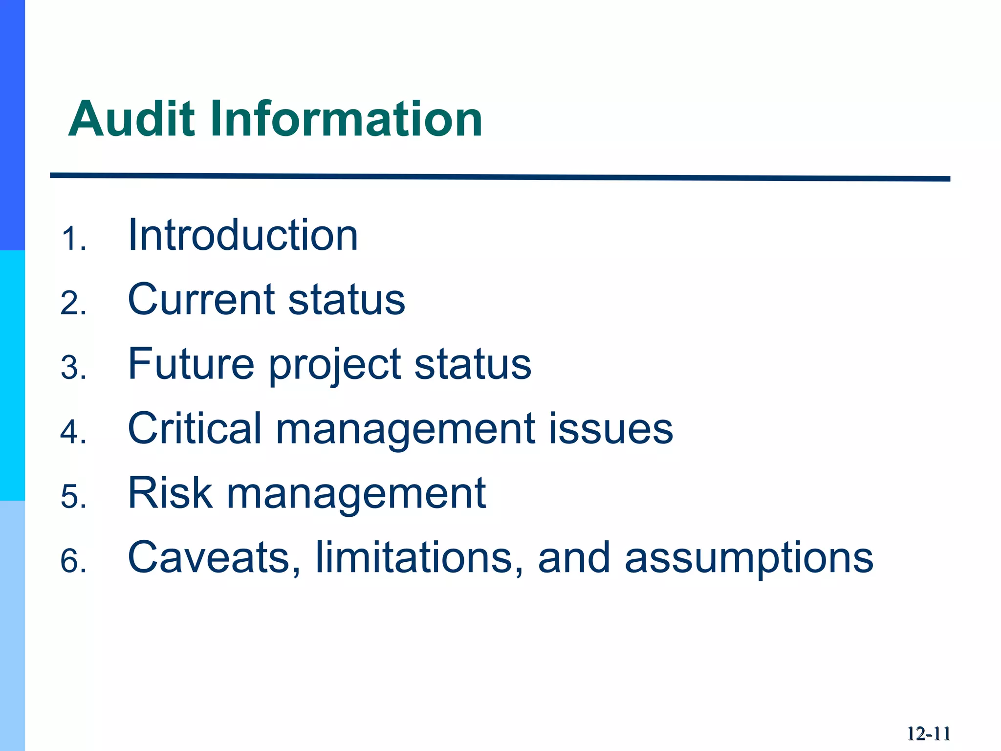 12-12-1111
Audit Information
1. Introduction
2. Current status
3. Future project status
4. Critical management issues
5. Risk management
6. Caveats, limitations, and assumptions
 