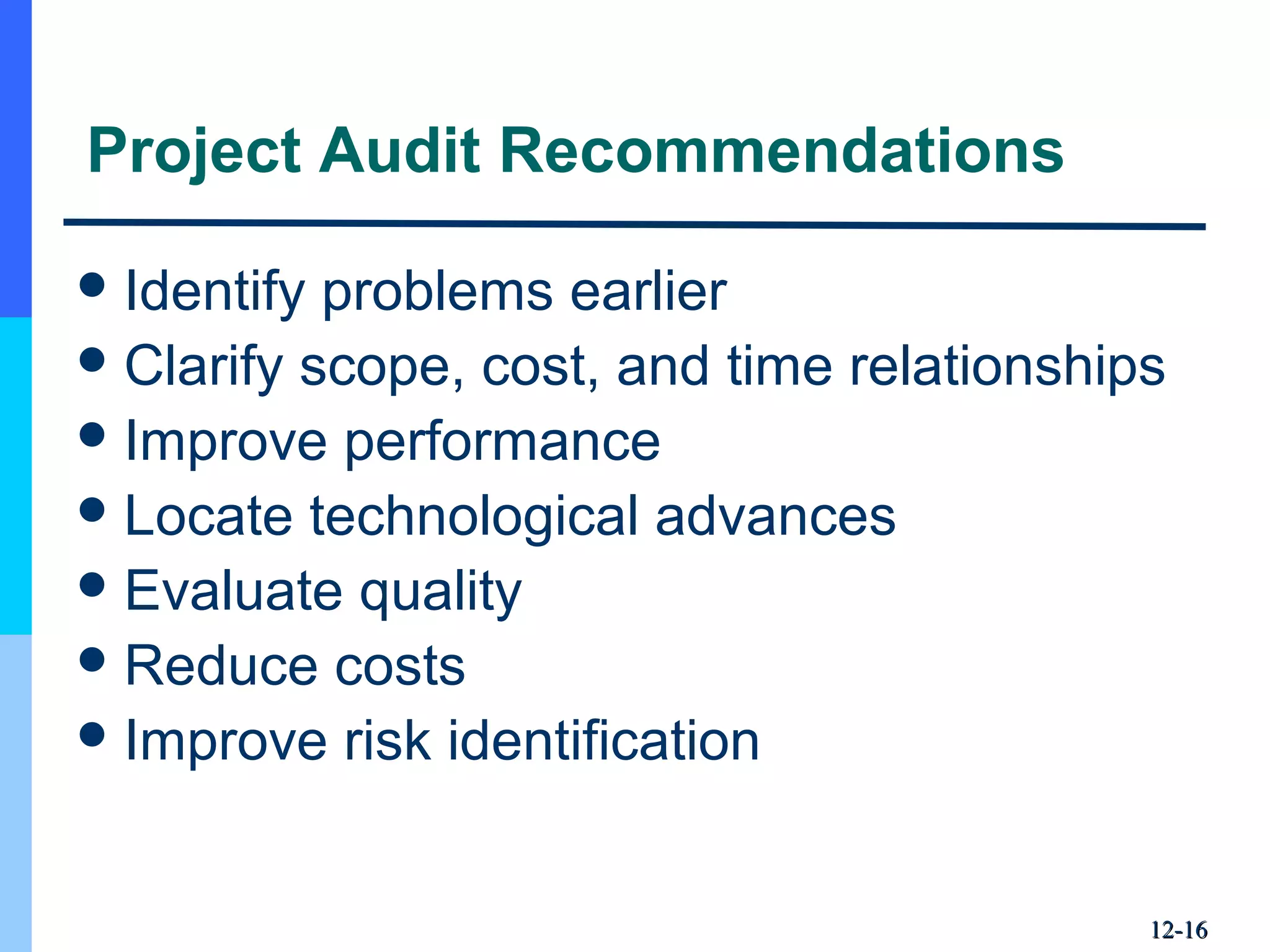 12-12-1616
Project Audit Recommendations
Identify problems earlier
Clarify scope, cost, and time relationships
Improve performance
Locate technological advances
Evaluate quality
Reduce costs
Improve risk identification
 