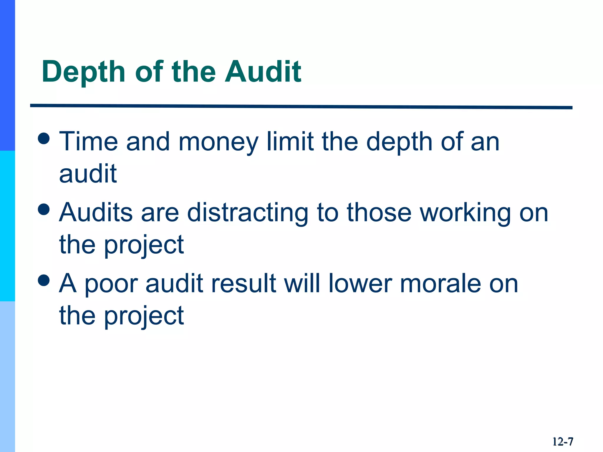 12-12-77
Depth of the Audit
Time and money limit the depth of an 
audit
Audits are distracting to those working on 
the project
A poor audit result will lower morale on 
the project
 