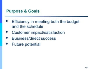 12-
12-3
3
Purpose & Goals
 Efficiency in meeting both the budget
and the schedule
 Customer impact/satisfaction
 Business/direct success
 Future potential
 