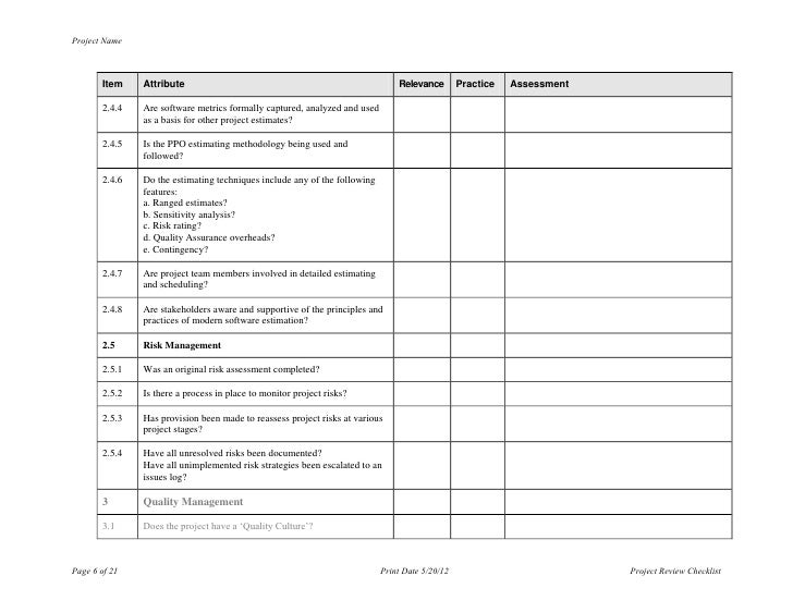 project audit review checklist project management audit checklist