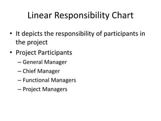 Linear Responsibility Chart
• It depicts the responsibility of participants in
the project
• Project Participants
– General Manager
– Chief Manager
– Functional Managers
– Project Managers
 