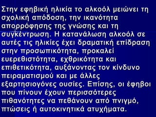 Στην εφηβική ηλικία το αλκοόλ μειώνει τηΣτην εφηβική ηλικία το αλκοόλ μειώνει τη
σχολική απόδοση, την ικανότητασχολική απόδοση, την ικανότητα
απορρόφησης της γνώσης και τηαπορρόφησης της γνώσης και τη
συγκέντρωση. Η κατανάλωση αλκοόλ σεσυγκέντρωση. Η κατανάλωση αλκοόλ σε
αυτές τις ηλικίες έχει δραματική επίδρασηαυτές τις ηλικίες έχει δραματική επίδραση
στην προσωπικότητα, προκαλείστην προσωπικότητα, προκαλεί
ευερεθιστότητα, εχθρικότητα καιευερεθιστότητα, εχθρικότητα και
επιθετικότητα, αυξάνοντας τον κίνδυνοεπιθετικότητα, αυξάνοντας τον κίνδυνο
πειραματισμού και με άλλεςπειραματισμού και με άλλες
εξαρτησιογόνες ουσίες. Επίσης, οι έφηβοιεξαρτησιογόνες ουσίες. Επίσης, οι έφηβοι
που πίνουν έχουν περισσότερεςπου πίνουν έχουν περισσότερες
πιθανότητες να πεθάνουν από πνιγμό,πιθανότητες να πεθάνουν από πνιγμό,
πτώσεις ή αυτοκινητικά ατυχήματα.πτώσεις ή αυτοκινητικά ατυχήματα.
 