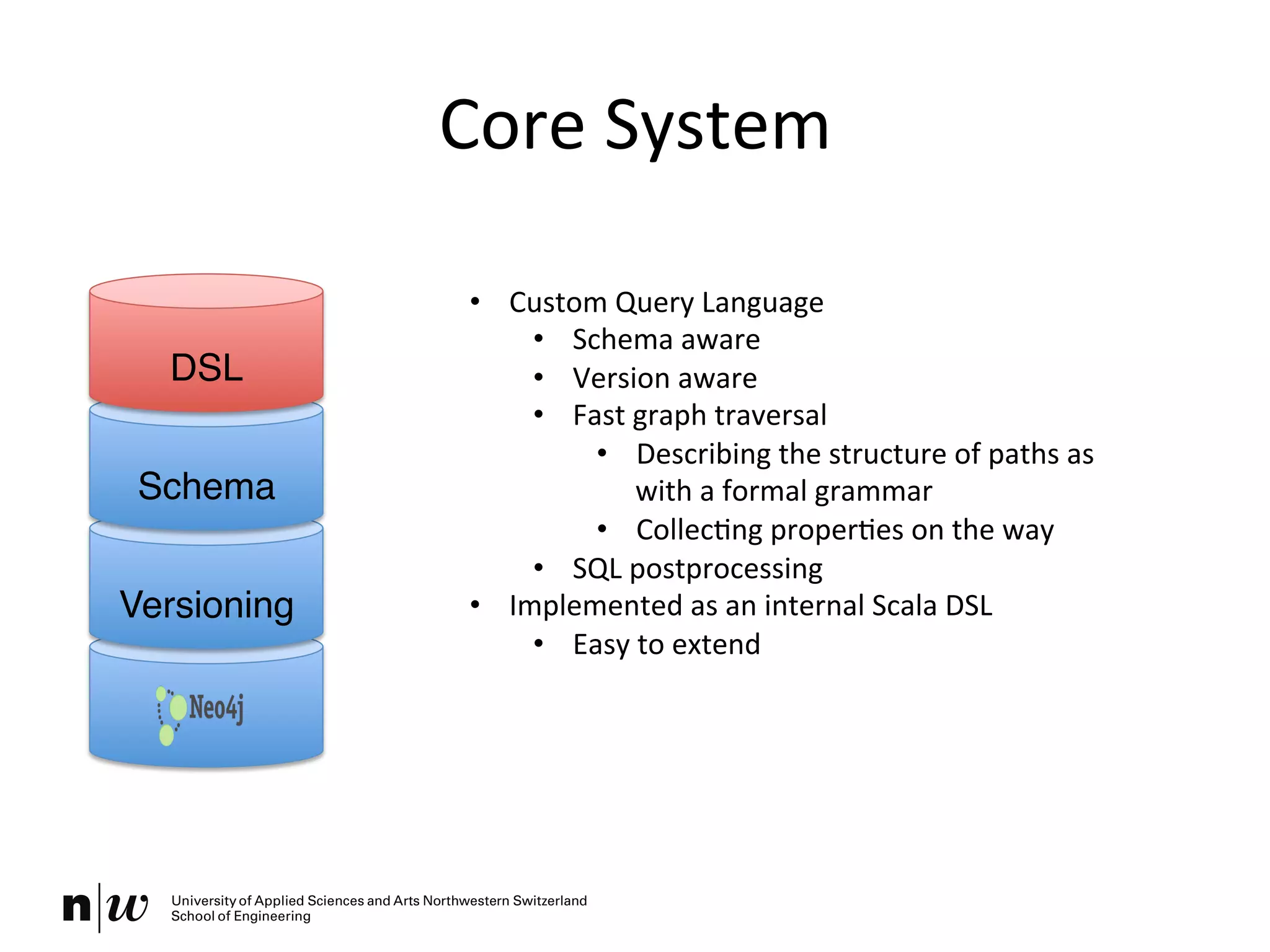 Core	
  System	
  
•  Custom	
  Query	
  Language	
  
•  Schema	
  aware	
  
•  Version	
  aware	
  
•  Fast	
  graph	
  traversal	
  
•  Describing	
  the	
  structure	
  of	
  paths	
  as	
  
with	
  a	
  formal	
  grammar	
  
•  CollecKng	
  properKes	
  on	
  the	
  way	
  
•  SQL	
  postprocessing	
  
•  Implemented	
  as	
  an	
  internal	
  Scala	
  DSL	
  
•  Easy	
  to	
  extend	
  
Versioning"
Schema"
DSL"
 