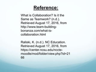 Reference:
What is Collaboration? Is it the
Same as Teamwork? (n.d.).
Retrieved August 17, 2016, from
http://www.team-building-
bonanza.com/what-is-
collaboration.html
Raliski, K. (n.d.). NC Education.
Retrieved August 17, 2016, from
https://center.ncsu.edu/nccte-
moodle/mod/folder/view.php?id=21
66
 