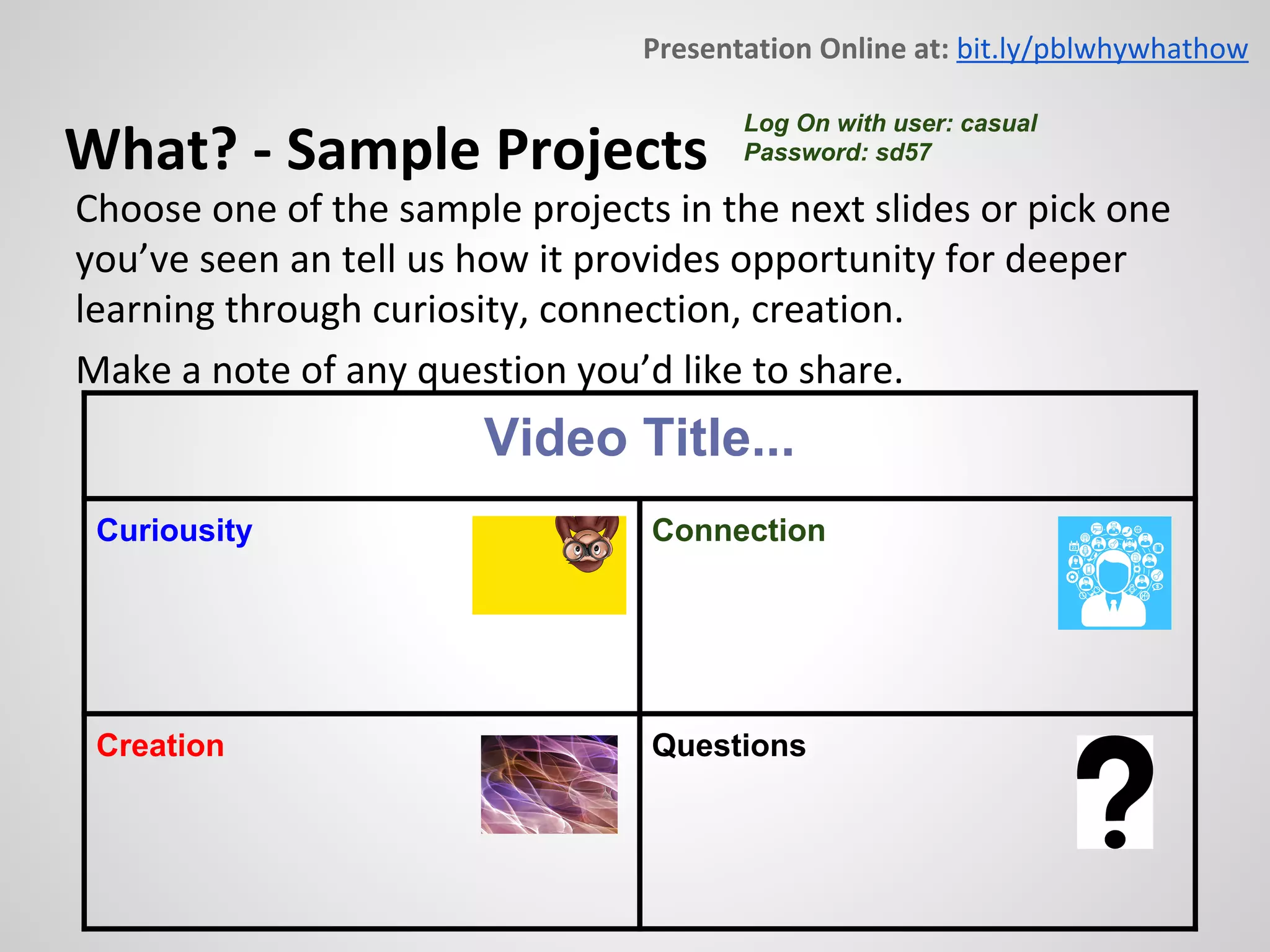 Video Title...
Curiousity Connection
Creation Questions
Log On with user: casual
Password: sd57
 