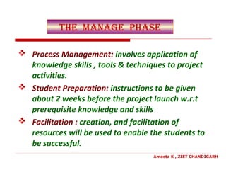 the manage Phase
 Process Management: involves application of
knowledge skills , tools & techniques to project
activities.
 Student Preparation: instructions to be given
about 2 weeks before the project launch w.r.t
prerequisite knowledge and skills
 Facilitation : creation, and facilitation of
resources will be used to enable the students to
be successful.
Ameeta K , ZIET CHANDIGARH
 