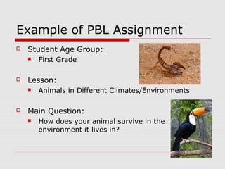 Example of PBL Assignment
 Student Age Group:
 First Grade
 Lesson:
 Animals in Different Climates/Environments
 Main Question:
 How does your animal survive in the
environment it lives in?
 