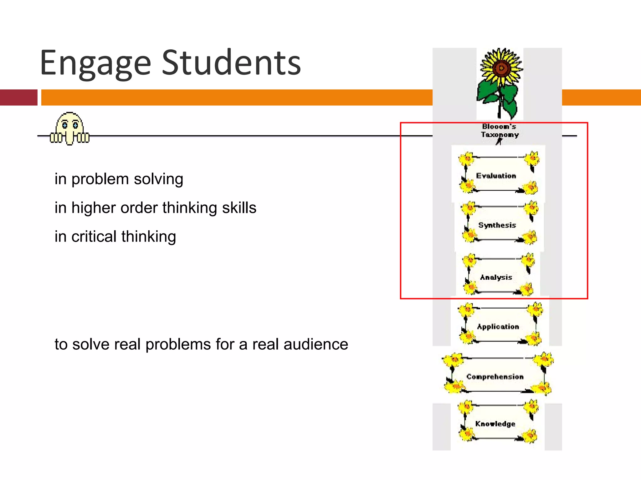 Engage Students
in problem solving
in higher order thinking skills
in critical thinking
to solve real problems for a real audience
 