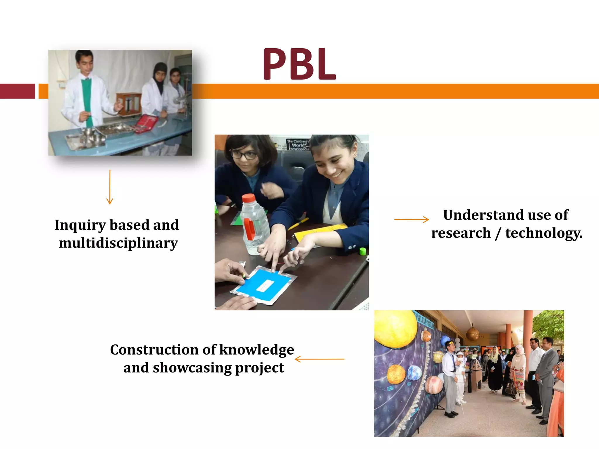 Inquiry based and
multidisciplinary
Understand use of
research / technology.
Construction of knowledge
and showcasing project
PBL
 