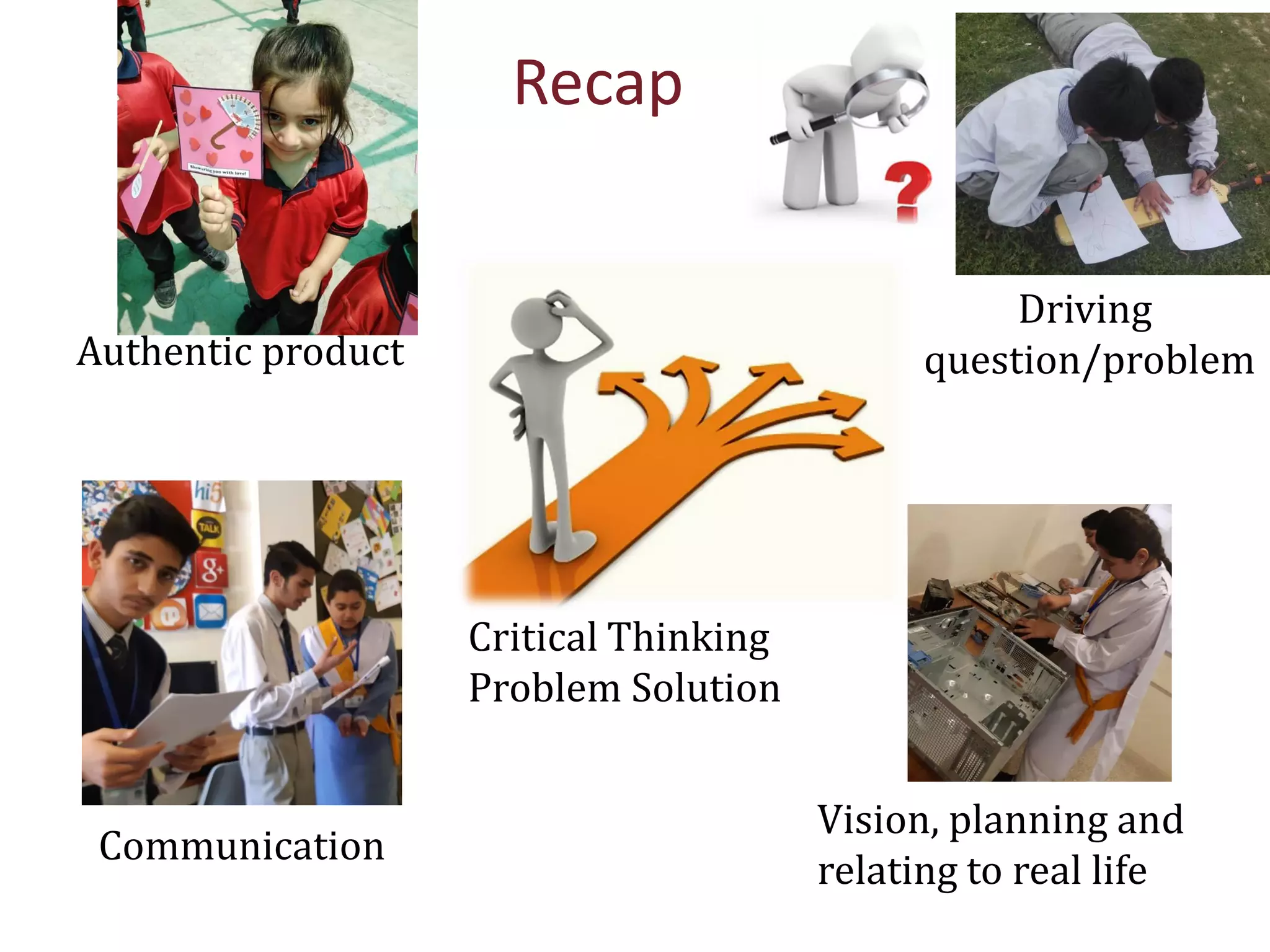 Critical Thinking
Problem Solution
Vision, planning and
relating to real life
Authentic product
Communication
Driving
question/problem
Recap
 