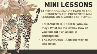 AT THE BEGINNING OF EACH CLASS,
STUDENTS ARE PRESENTED MINI
LESSONS ON A VARIETY OF TOPICS.
• ENDANGERED SPECIES (Who are
they? What are the levels? How do
you find out if an animal is
endangered?
• SKETCHNOTES - A unique way to
take notes
 