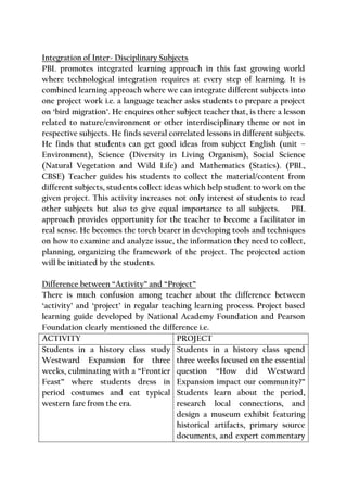 Integration of Inter- Disciplinary Subjects
PBL promotes integrated learning approach in this fast growing world
where technological integration requires at every step of learning. It is
combined learning approach where we can integrate different subjects into
one project work i.e. a language teacher asks students to prepare a project
on ‘bird migration’. He enquires other subject teacher that, is there a lesson
related to nature/environment or other interdisciplinary theme or not in
respective subjects. He finds several correlated lessons in different subjects.
He finds that students can get good ideas from subject English (unit –
Environment), Science (Diversity in Living Organism), Social Science
(Natural Vegetation and Wild Life) and Mathematics (Statics). (PBL,
CBSE) Teacher guides his students to collect the material/content from
different subjects, students collect ideas which help student to work on the
given project. This activity increases not only interest of students to read
other subjects but also to give equal importance to all subjects. PBL
approach provides opportunity for the teacher to become a facilitator in
real sense. He becomes the torch bearer in developing tools and techniques
on how to examine and analyze issue, the information they need to collect,
planning, organizing the framework of the project. The projected action
will be initiated by the students.
Difference between “Activity” and “Project”
There is much confusion among teacher about the difference between
‘activity’ and ‘project’ in regular teaching learning process. Project based
learning guide developed by National Academy Foundation and Pearson
Foundation clearly mentioned the difference i.e.
ACTIVITY PROJECT
Students in a history class study
Westward Expansion for three
weeks, culminating with a “Frontier
Feast” where students dress in
period costumes and eat typical
western fare from the era.
Students in a history class spend
three weeks focused on the essential
question “How did Westward
Expansion impact our community?”
Students learn about the period,
research local connections, and
design a museum exhibit featuring
historical artifacts, primary source
documents, and expert commentary
 